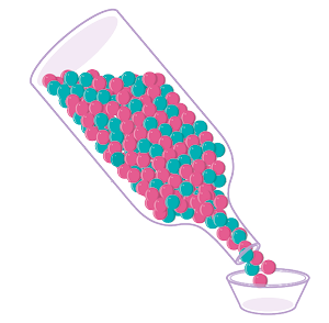 Ilustração de uma garrafa de vidro transparente e no seu interior bolinhas rosas e verdes misturadas em igual quantidade. A garrafa está inclinada e as bolinhas estão caindo em um recipiente pequeno de vidro.