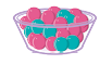 Ilustração de um pequeno recipiente de vidro com bolinhas rosas em maior quantidade que as bolinhas verdes.