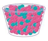 Ilustração de um recipiente de vidro grande com a maioria de bolinhas rosas e em menor quantidade as bolinhas verdes.