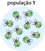 Ilustração de um círculo azul denominado população 1, e no seu interior há 10 besouros verdes.