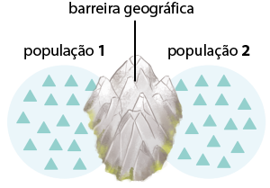 Ilustração de dois círculos azuis com triângulos azuis dentro. O círculo à esquerda é denominado população 1 e o círculo à direita denominado população 2. Entre eles uma cadeia de montanhas denominada barreira geográfica.