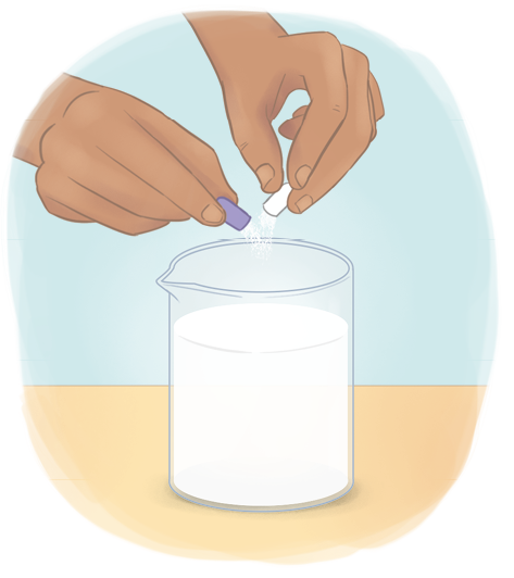 Ilustração de mãos abrindo uma capsula e despejando o conteúdo em pó no frasco transparente contendo líquido branco.