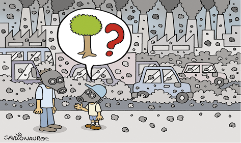 Charge de uma cidade acinzentada com várias indústrias ao fundo e muitos veículos, ambos soltando muita fumaça. Em primeiro plano, há um homem em pé conversando com um menino; os dois usam máscaras com respiradores cobrindo todo o rosto e o menino tem um balão de fala com a imagem de uma árvore e de um ponto de interrogação.