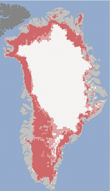 Ilustração da superfície da Groenlândia com grande parte da área em cor predominante branca ao centro e ao redor manchas vermelhas, com maior concentração no extremo sul. Nas bordas, ao redor de toda área em vermelho e rosa, há manchas em cinza.