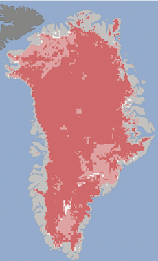 Ilustração da superfície da Groenlândia com maior parte da área em cor predominante vermelha, com algumas manchas rosas ao extremo norte, ao sul e ao leste. Nas bordas, ao redor de toda área em vermelho há manchas em cinza e pequenas áreas em branco na parte sul.