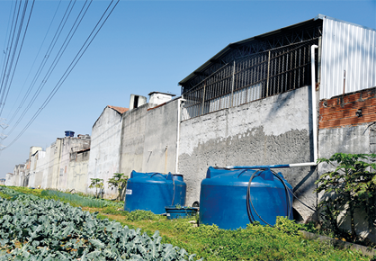 Fotografia de uma área externa com uma construção, e ao lado de fora desta, próximo ao telhado, saem canos que se conectam a caixas de água, as cisternas, que estão no chão. Ao redor há vários arbustos.