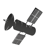 Ilustração de um satélite com formato cilíndrico. Nas laterais há duas estruturas com formato retangular acopladas, e em uma das extremidades, uma estrutura côncava.