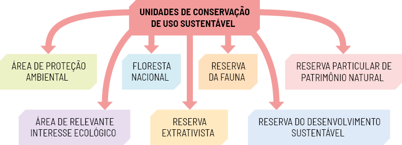 Esquema de setas na vertical. Inicia em Unidades de conservação de uso sustentável e dela partem 7 setas para baixo, com as informações: área de proteção ambiental, área de relevante interesse ecológico, floresta nacional, reserva extrativista, reserva da fauna, reserva particular de patrimônio natural, reserva do desenvolvimento sustentável.