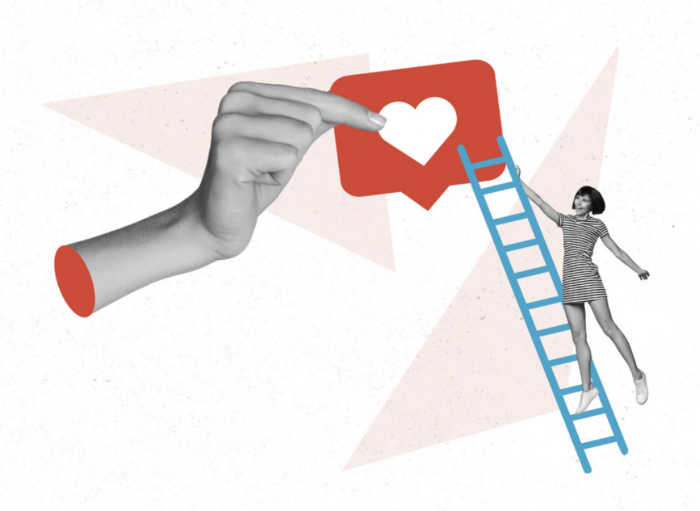 Ilustração composta por uma mão saindo da lateral esquerda e segurando um ícone vermelho com um coração branco no centro, remetendo a curtidas em redes sociais. À direita, uma escada azul encostada no ícone é escalada por uma mulher em preto e branco vestindo roupa listrada, com um braço estendido para o lado e expressão de entusiasmo.