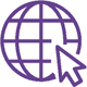 Ícone roxo representando um globo com linhas horizontais e verticais, simbolizando a internet, acompanhado de um ponteiro de mouse, indicando navegação ou acesso à web.