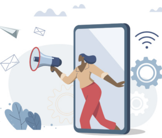 Ilustração de uma mulher saindo de um smartphone gigante segurando um megafone com a mão direita. Ela tem pele escura, cabelo comprido azul e veste blusa bege com calça vermelha. Ao redor da cena há ícones relacionados à comunicação digital, como engrenagens, nuvens, envelopes e símbolo de Wi-Fi.