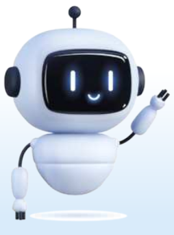Imagem de um robô com aparência simpática e design futurista. Ele possui corpo e membros arredondados na cor branca, com articulações esféricas e mãos em forma de pinça. A cabeça é maior que o corpo, com uma tela preta no rosto exibindo olhos brilhantes e um pequeno sorriso. Acima da cabeça há uma pequena antena com uma ponta arredondada. O robô está com um dos braços erguidos e parece flutuar sobre uma sombra oval em fundo azul-claro.