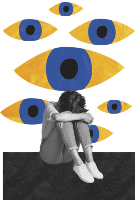 Montagem visual com uma jovem sentada no chão em posição de tristeza, com a cabeça apoiada nos braços e joelhos dobrados. Acima dela, há vários olhos estilizados nas cores amarelo e azul, voltados diretamente para a personagem, criando a sensação de vigilância ou julgamento. A imagem transmite a ideia de exposição excessiva e pressão social no ambiente digital, podendo representar situações de cyberbullying, ansiedade causada por redes sociais ou sensação de estar constantemente observado online.
