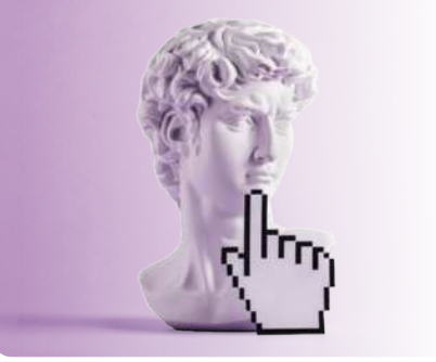 Imagem de um busto clássico de escultura branca posicionado sobre fundo em tons de lilás, com um cursor em forma de mão digital apontando para o rosto da estátua, tocando levemente a região do queixo.