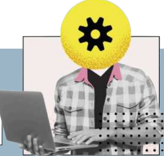 Ilustração de uma pessoa com camisa xadrez segurando um notebook, com o rosto substituído por um círculo amarelo contendo um ícone de engrenagem preta ao centro, sugerindo uma representação simbólica de raciocínio, processamento ou tecnologia.