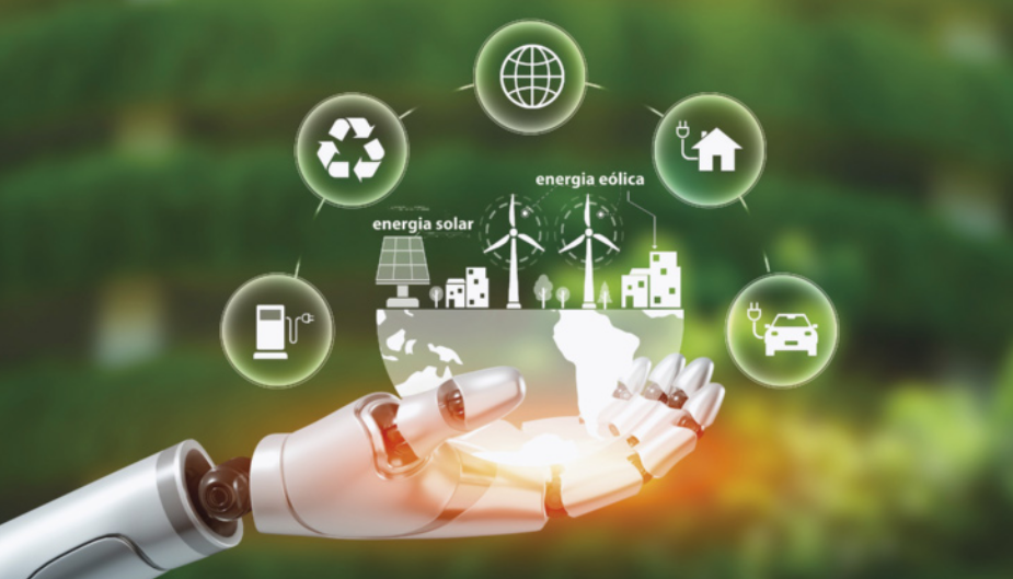 Imagem de uma mão robótica estendida com a palma voltada para cima, sustentando uma ilustração translúcida do planeta Terra cercada por ícones luminosos que representam práticas sustentáveis, como um símbolo de reciclagem, um globo terrestre, uma casa com plugue elétrico, um carro elétrico e um galão de combustível com plugue. Também aparecem painéis solares, turbinas eólicas e prédios, acompanhados das palavras “energia solar” e “energia eólica”. Ao fundo, há uma vegetação verde desfocada.