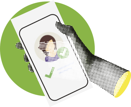 Imagem de uma mão segurando um smartphone com a tela exibindo a imagem de uma pessoa, um símbolo de visto verde e um círculo ao fundo na cor verde, compondo um estilo visual que remete à verificação de identidade ou autenticação digital.
