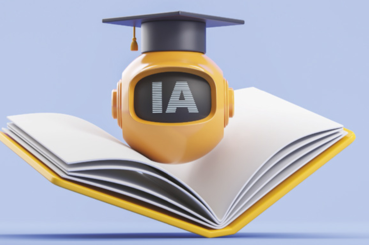 Imagem de um livro aberto com uma cabeça de robô sobre, ele está usando um chapéu de formatura e no visor está escrito 'IA'.