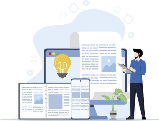 Ilustração mostrando um homem de pé com um tablet ao lado de vários dispositivos digitais, um monitor, um smartphone e um livro aberto, todos exibindo conteúdo textual e visual. Há uma lâmpada acesa na tela, simbolizando ideia ou criatividade. Também aparece uma planta em vaso.