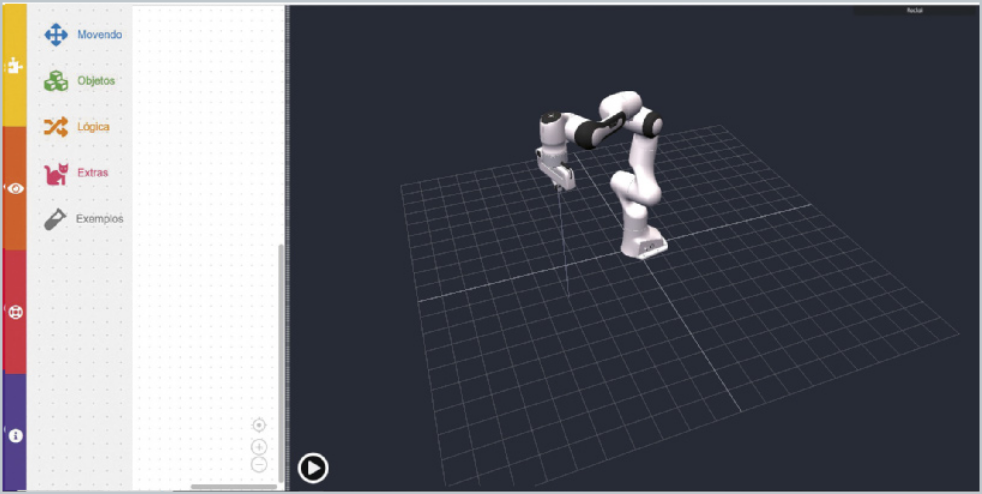 Imagem mostra a interface de um software de simulação de robótica com dois braços robóticos brancos exibidos sobre uma grade tridimensional. À esquerda, há um painel vertical com ícones coloridos organizados por categorias: 'Movendo', 'Objetos', 'Lógica', 'Entrar' e 'Exemplos', cada uma identificada por cor e símbolo específico. O fundo da área de simulação é escuro, e os braços robóticos estão posicionados no centro do espaço virtual. No canto inferior esquerdo há um botão circular com símbolo de play.
