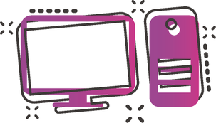 Ilustração de um computador de mesa na cor rosa. À esquerda, aparece um monitor com moldura grossa e tela em branco; à direita, uma torre de CPU com detalhes em branco e um círculo representando o botão de energia. Pequenos traços pretos ao redor dos elementos indicam movimento ou destaque. A imagem representa o uso de computadores tradicionais em contextos digitais e tecnológicos.