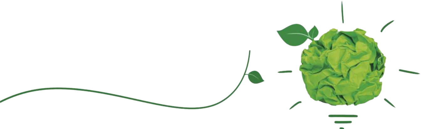 Imagem mostra uma linha curva verde que se estende da esquerda até o centro, onde termina em uma folha. À direita, essa linha conecta-se a uma figura formada por uma bola de papel amassado de cor verde com duas folhas anexadas no topo, simulando uma planta. Ao redor da bola de papel há traços curvos que sugerem o formato de uma lâmpada, com pequenos riscos irradiando para fora e três linhas curtas abaixo representando a base da lâmpada.