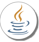Logo da linguagem de programação Java. No centro de um fundo branco circular, há um desenho estilizado composto por linhas curvas em tons de azul que formam uma base semelhante a uma xícara, com três traços ondulados empilhados verticalmente, e acima deles, uma forma curvilínea em laranja que lembra vapor saindo de uma bebida quente.