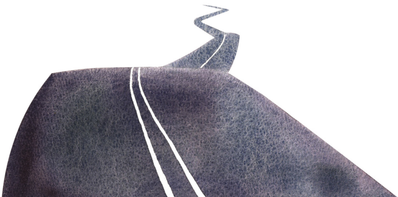 Ilustração de uma estrada sinuosa vista de frente, com duas faixas brancas contínuas ao centro. A estrada tem aparência texturizada em tons escuros e segue em direção ao horizonte, estreitando-se à medida que se afasta e desaparecendo em uma curva suave ao fundo. O fundo da imagem é totalmente branco, destacando o traçado da estrada.
