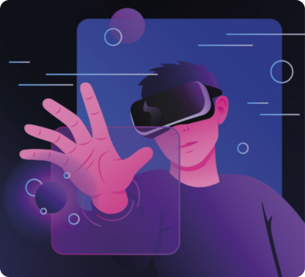 Ilustração de uma pessoa utilizando óculos de realidade virtual, com a mão estendida para frente em um gesto de interação. A cena é envolta por elementos gráficos como círculos e linhas flutuantes.