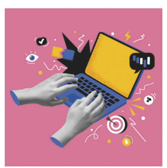 Imagem de um notebook com tela amarela sendo digitado por duas mãos em tons de cinza, sobre fundo rosa com elementos gráficos diversos ao redor, como ícones de olho, alvo, cadeado, gráfico, raio e marca de verificação, além de linhas e pontos decorativos em branco, preto, amarelo e azul.
