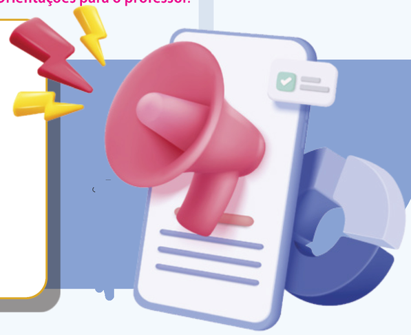 Ilustração com elementos que representam comunicação e análise de dados. Ao centro, há um megafone rosa sobreposto a um dispositivo móvel branco, simbolizando anúncios ou divulgações digitais. À direita, aparece um gráfico circular em azul, remetendo a estatísticas. No topo direito da tela do dispositivo, há um ícone de checklist verde. À esquerda, dois raios em vermelho e amarelo sugerem destaque ou urgência.