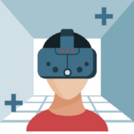 Ilustração de uma pessoa usando um óculos de realidade virtual em um ambiente tridimensional, com símbolos de cruzes indicando interatividade ou pontos de foco. O fundo remete a um espaço digital imersivo, sugerindo a experiência de navegação em realidade virtual.