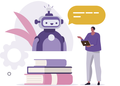 Ilustração de um robô com uma luz acesa na cabeça. Ao lado, há uma pilha de livros e uma engrenagem, elementos que remetem ao conhecimento e à tecnologia. À direita, uma pessoa segura um notebook enquanto interage com o robô, que está “falando” por meio de um balão de diálogo.