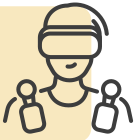Ícone de uma pessoa utilizando um visor de realidade virtual na cabeça e segurando dois controles, um em cada mão.