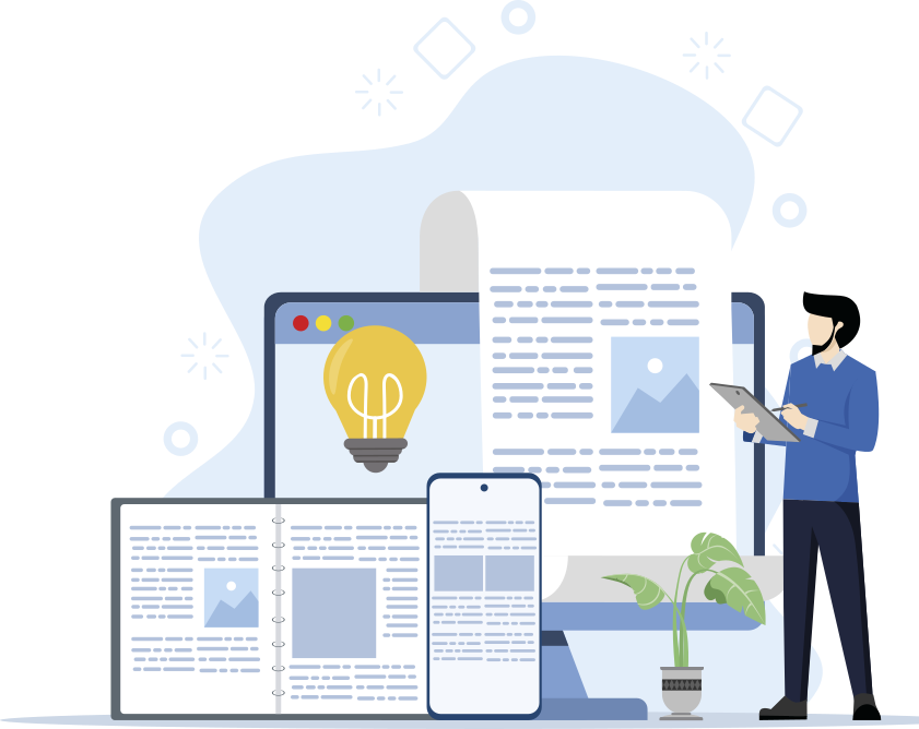 Ilustração de um homem em pé segurando um tablet, ao lado de vários dispositivos digitais, como computador, celular e livro aberto, todos exibindo conteúdos de texto e imagem. Na tela do computador, destaca-se uma lâmpada acesa, simbolizando ideia ou criatividade. Há também uma planta decorativa sobre a mesa. A imagem representa a produção e o consumo de conteúdo digital, sugerindo temas como leitura multimodal, tecnologia educacional, trabalho digital e aprendizado em ambientes conectados.