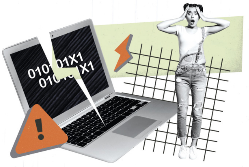Montagem visual com um notebook aberto exibindo códigos binários na tela, que foi rachada ao meio por um raio branco, sugerindo falha ou ataque. Na frente do computador, há um triângulo laranja com um ponto de exclamação, representando alerta. Ao lado direito, uma jovem em preto e branco, com expressão de susto e as mãos na cabeça, reforça o impacto da situação. O fundo tem elementos gráficos como setas e grade, e a cena transmite a ideia de erro digital, pane no sistema ou vazamento de dados.