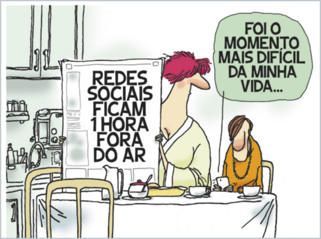 Charge em estilo cômico com dois personagens sentados à mesa tomando café da manhã. Um deles lê um jornal com a manchete: “REDES SOCIAIS FICAM 1 HORA FORA DO AR”. Ao lado, o outro personagem, com expressão abatida, diz em um balão de fala: “FOI O MOMENTO MAIS DIFÍCIL DA MINHA VIDA...”. A imagem faz uma crítica bem-humorada à dependência das redes sociais e à forma como interrupções nesses serviços impactam emocionalmente os usuários.