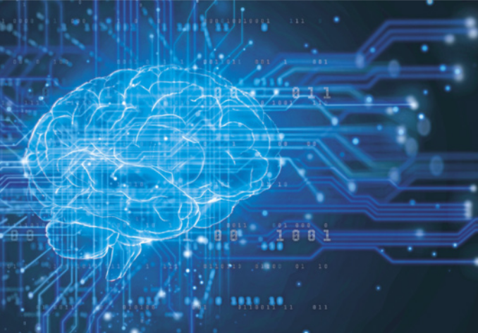 Imagem de um cérebro em tons de azul, representado digitalmente com linhas luminosas e pontos de conexão, simulando uma rede neural. Ao fundo, há circuitos eletrônicos também iluminados em azul, interligando-se com o cérebro digital. A composição transmite uma fusão entre cognição humana e tecnologia, com códigos binários dispersos na cena.