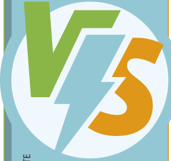 Imagem composta por um círculo branco sobre fundo azul-claro, contendo as letras “V” e “S” estilizadas em verde e laranja, respectivamente, separadas por um raio azul que atravessa o centro da imagem na vertical.