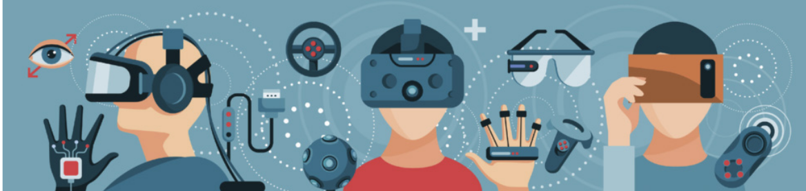 Ilustração com três pessoas utilizando diferentes dispositivos de realidade virtual e aumentada, incluindo óculos VR, luvas sensoriais, controles manuais e sensores de movimento. Ao redor delas, há ícones como um volante, controles e símbolos de visão, sugerindo uma ampla variedade de aplicações interativas e imersivas por meio dessas tecnologias.