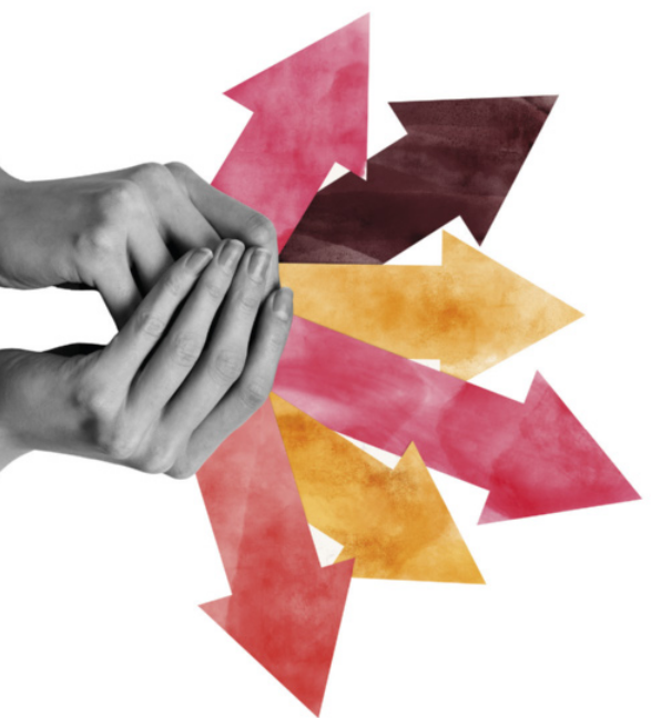 Montagem digital apresenta duas mãos em preto e branco unidas em forma de concha, como se estivessem segurando algo. A partir delas, diversas setas coloridas em tons de vermelho, rosa, laranja e marrom se projetam em direções variadas. As setas têm textura aquarelada.