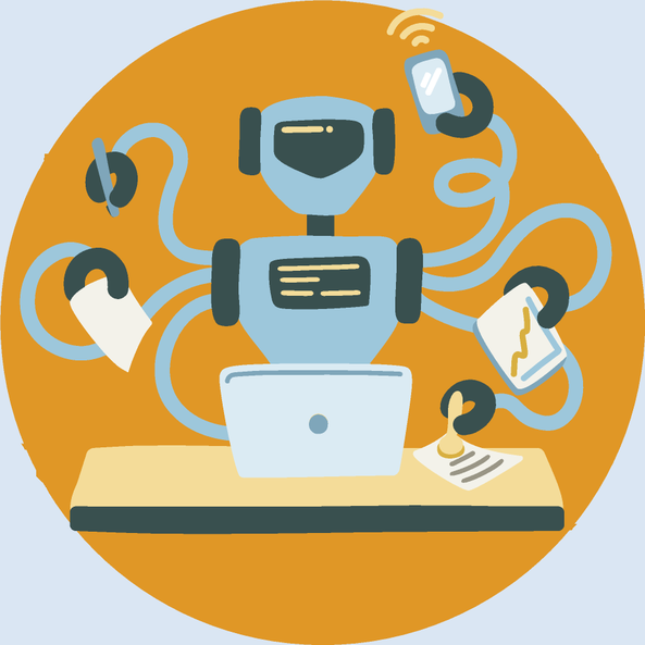 Ilustração de um robô azul-claro com múltiplos braços mecânicos operando simultaneamente diversas tarefas. O robô está posicionado atrás de uma mesa com um notebook aberto e papéis espalhados. Cada braço realiza uma atividade diferente: uma segura um telefone celular, outro uma caneta, um terceiro segura uma folha de papel com gráfico, outro segura uma folha em branco, enquanto um dos braços manipula um mouse. Ao fundo, há um círculo laranja que destaca a figura do robô em um estilo visual simplificado e com cores suaves.