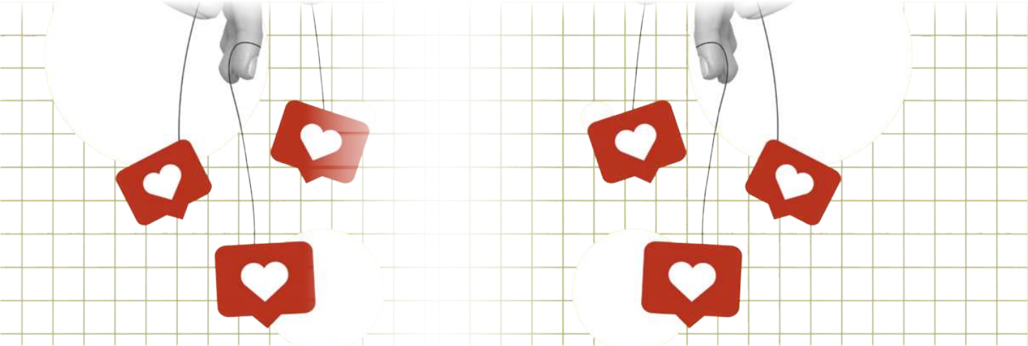 Montagem visual com duas mãos manipulando cordas, cada uma controlando balões vermelhos com ícones de coração branco, semelhantes às curtidas das redes sociais. O fundo possui uma grade quadriculada verde clara sobre fundo branco. A imagem simboliza a manipulação da atenção ou da validação social no ambiente digital, sugerindo como interações online podem ser controladas ou influenciadas artificialmente.