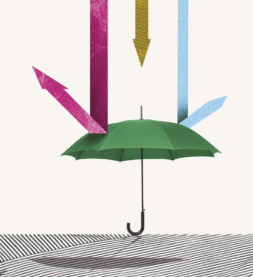 Ilustração de um guarda-chuva verde aberto visto de frente, protegendo contra três setas coloridas que descem do topo da imagem: uma seta rosa, uma amarela e uma azul, todas apontadas em direção ao guarda-chuva, mas sendo desviadas. O fundo é claro, e a base possui listras diagonais em preto e branco, com a sombra do guarda-chuva projetada. A imagem simboliza proteção contra ameaças ou influências externas, podendo representar segurança digital, filtragem de conteúdos ou defesa de dados pessoais.