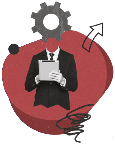 Montagem visual de uma figura humana com terno e gravata segurando um tablet, porém sem cabeça. No lugar da cabeça, há uma engrenagem cinza, simbolizando pensamento, raciocínio ou processo mental automatizado. O fundo é composto por uma forma orgânica vermelha com elementos gráficos como uma seta preta curvada, um espiral e um ponto. A imagem sugere o conceito de trabalho intelectual mediado por tecnologia, raciocínio lógico, automação ou tomada de decisões baseadas em dados.