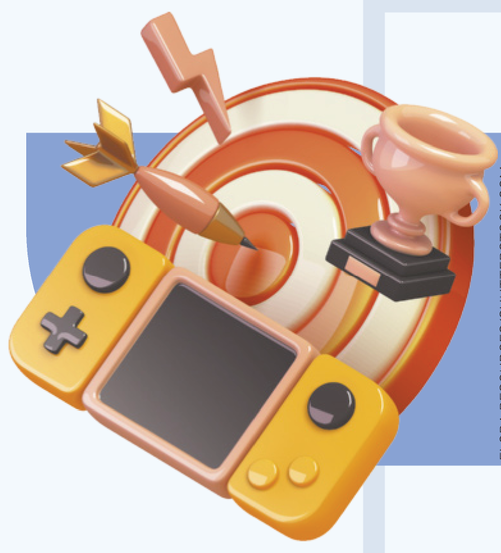 Ilustração com elementos relacionados à competição e jogos digitais. Em destaque há um alvo com uma flecha cravada no centro, simbolizando objetivo ou acerto. Sobre o alvo, há também um troféu, um raio e um console portátil de videogame nas cores amarelo e laranja, remetendo a conquistas, desafios e gamificação.