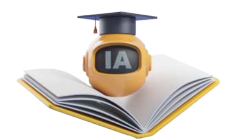 Imagem de um livro aberto com uma cabeça de robô sobre, ele está usando um chapéu de formatura e no visor está escrito 'IA'.