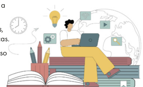 Ilustração de uma pessoa sentada sobre uma pilha de livros grandes, utilizando um notebook no colo, com elementos gráficos ao redor, como uma lâmpada acesa, engrenagem, ícone de vídeo, lupa e um globo terrestre ao fundo. À frente, há lápis coloridos em um recipiente e um livro aberto.