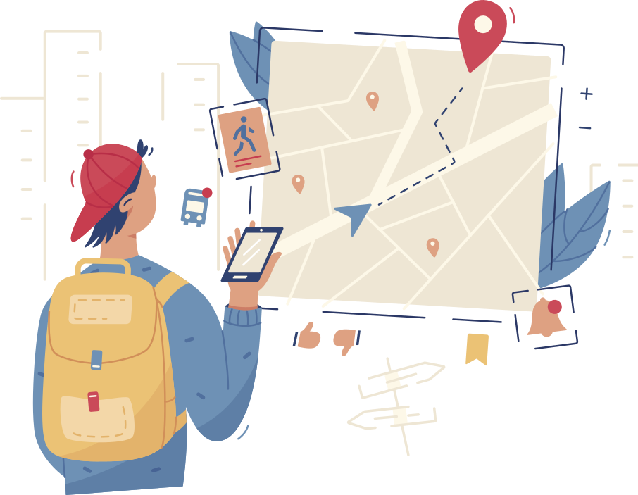 Ilustração de um jovem de boné vermelho e mochila amarela observando um grande mapa com o auxílio de um celular. O mapa, posicionado à frente do personagem, mostra várias ruas esquematizadas em linhas claras, pequenos ícones de localização e uma linha tracejada indicando uma rota até um marcador vermelho no canto superior direito. Ao redor do mapa, há ícones de caminhada, transporte público, curtidas e notificações, sugerindo elementos de navegação e interação digital. O fundo é claro, com contornos sutis de prédios e folhas decorativas.