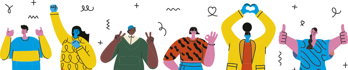Ilustração colorida de seis pessoas alinhadas lado a lado, com diferentes tons de pele e roupas variadas. Cada uma realiza um gesto com as mãos: joinha, punho erguido, símbolo de 'rock', sinal de paz, gesto de 'ok' e coração formado com as mãos acima da cabeça. O fundo é branco e contém elementos gráficos soltos como linhas onduladas, corações e sinais de adição.